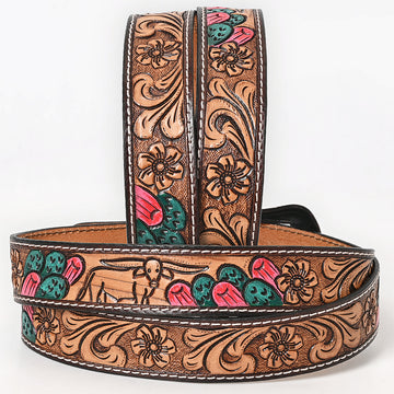 BAR H EQUINE Floral Cactus Bull Hand Carved Western Leather Men And Women Belt